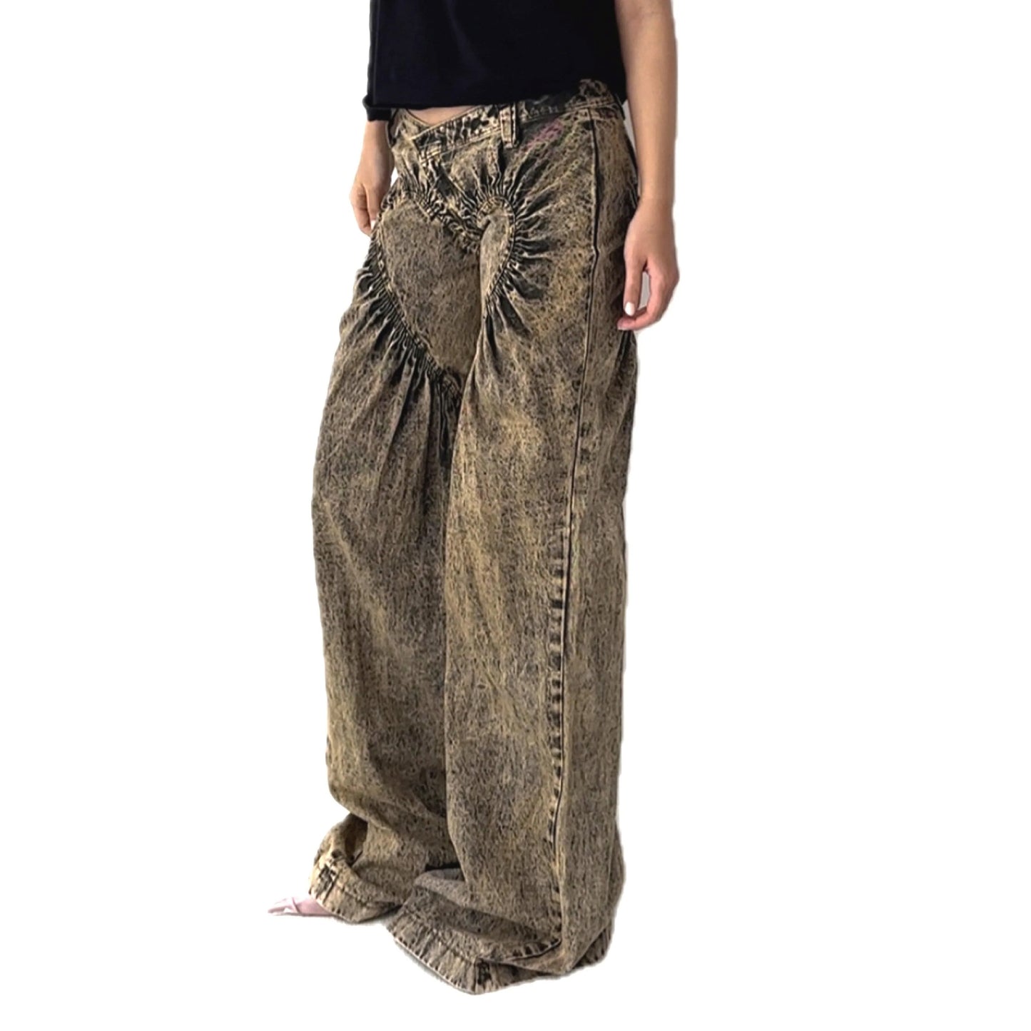 Unisex Ruched Heart Distressed Denim Jeans
