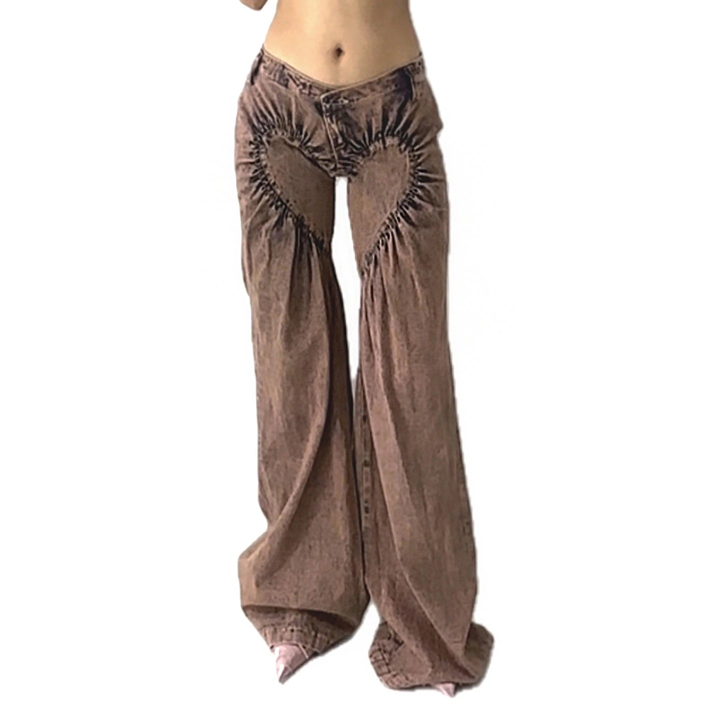 Unisex Ruched Heart Distressed Denim Jeans