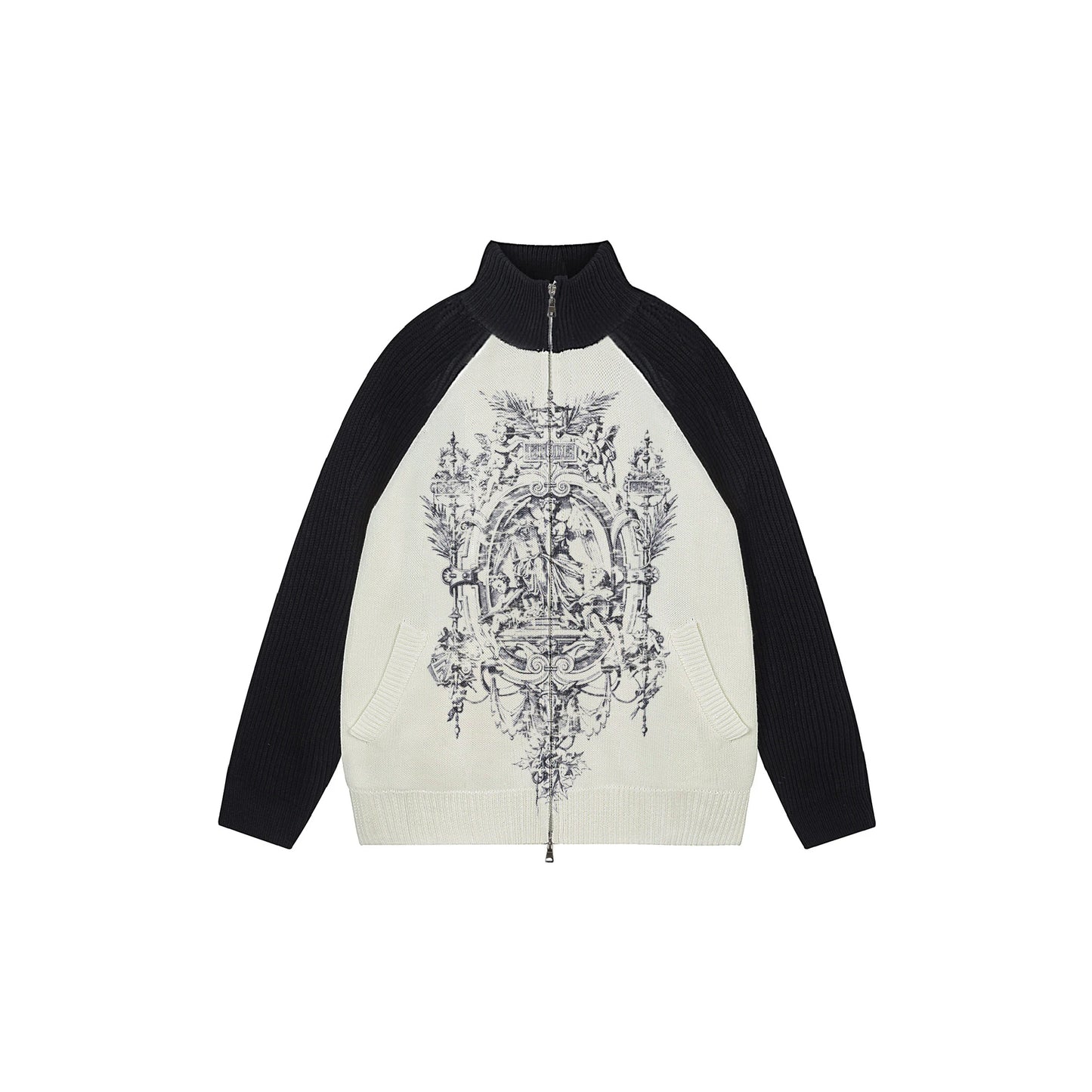 Statue Print Colorblock Patchwork High-Neck Knit Cardigan