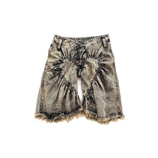 Unisex Ruched Heart Distressed Denim Shorts