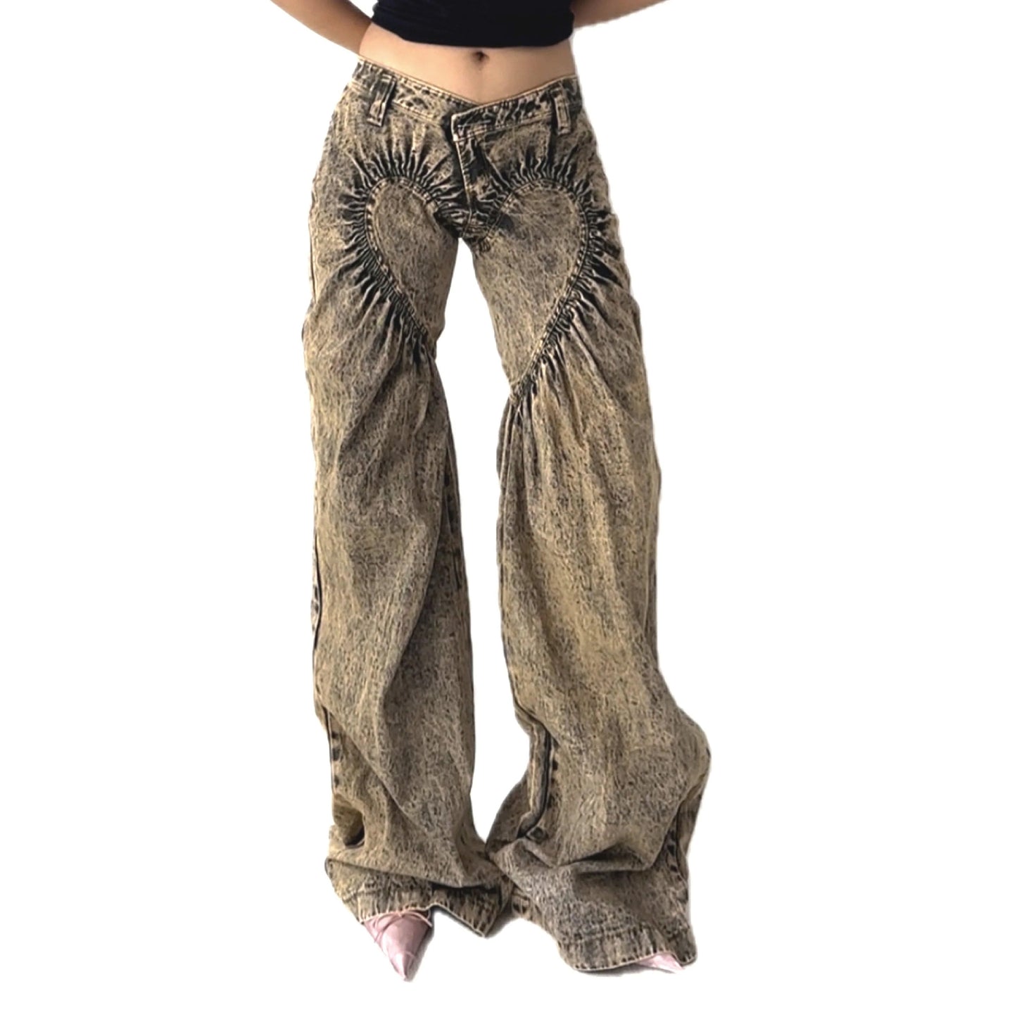 Unisex Ruched Heart Distressed Denim Jeans
