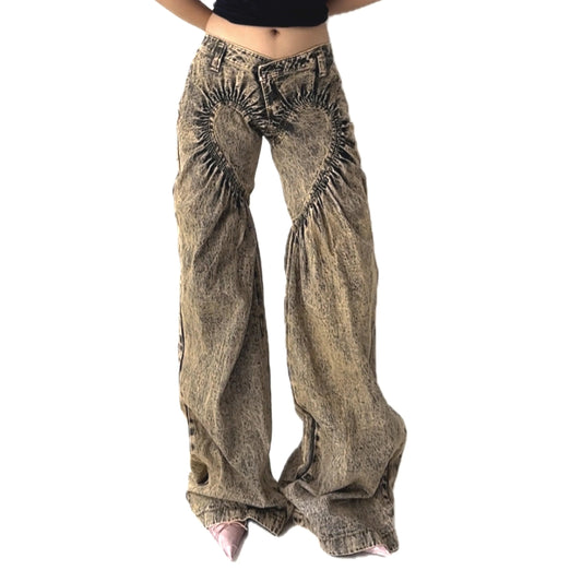 Unisex Ruched Heart Distressed Denim Jeans