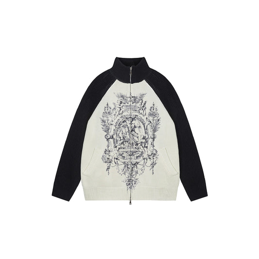 Statue Print Colorblock Patchwork High-Neck Knit Cardigan