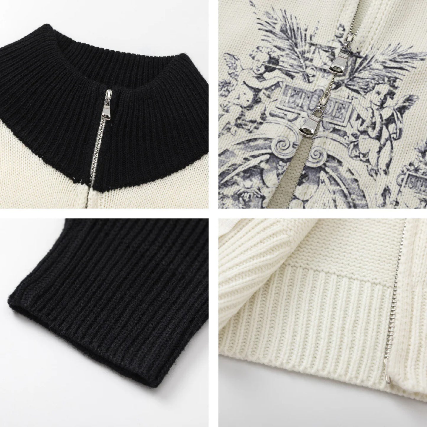 Statue Print Colorblock Patchwork High-Neck Knit Cardigan