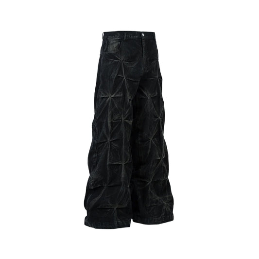 Washed Wide Leg Pleats Denim Jeans
